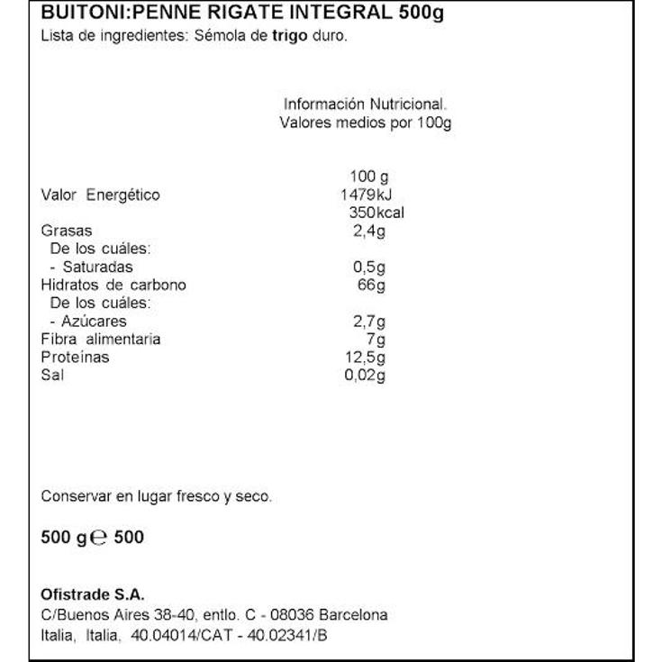 PENNE RIGATE INTEGRALE BUITONI BOLSA 500 GR