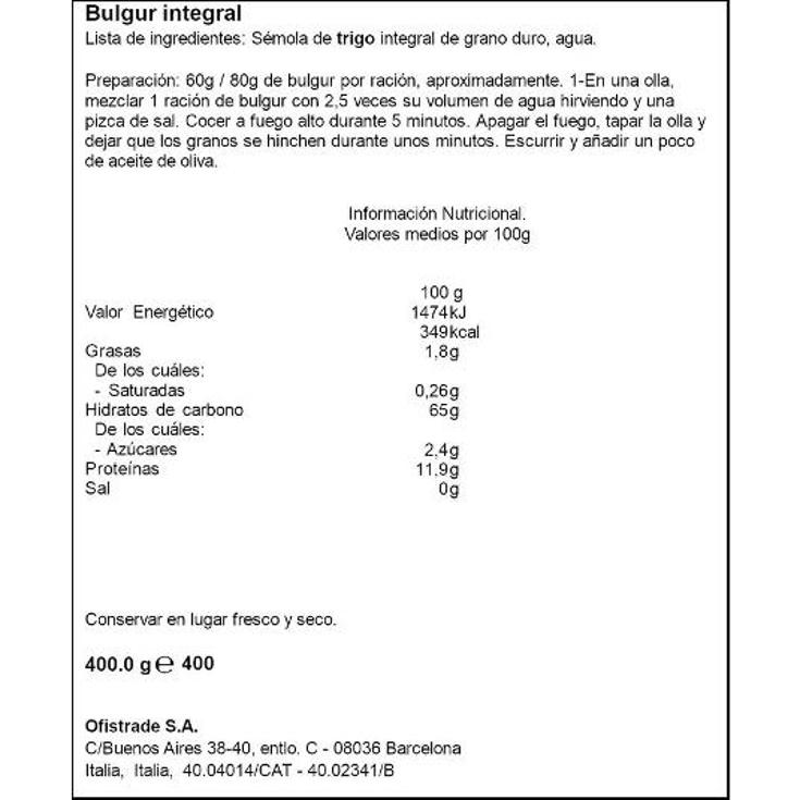 BULGUR INTEGRAL BIA CAJA 400 GR