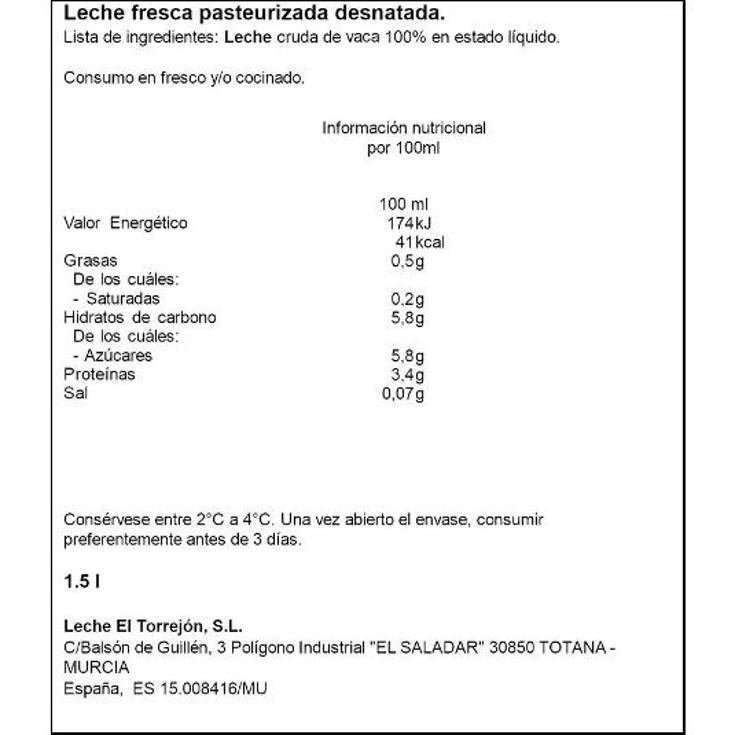 LECHE FRESCA DESNATADA EL TORREJON BTLLAS 1500 ML