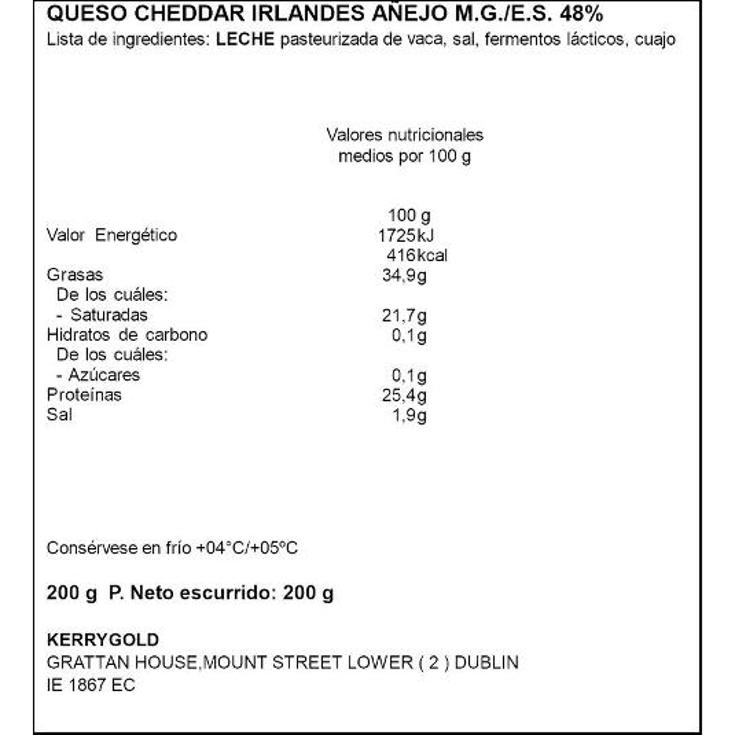QUESO CHEDDAR VINTAGE KERRYGOLD UNID 200 GR
