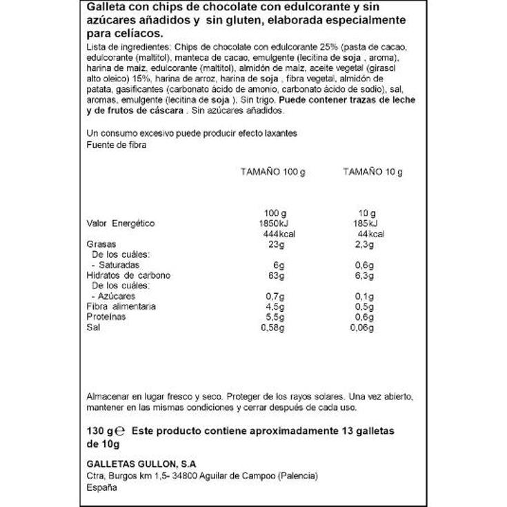 GALLETAS CHIP CHOCO SIN GLUTEN GULLON PQTE 130 GR