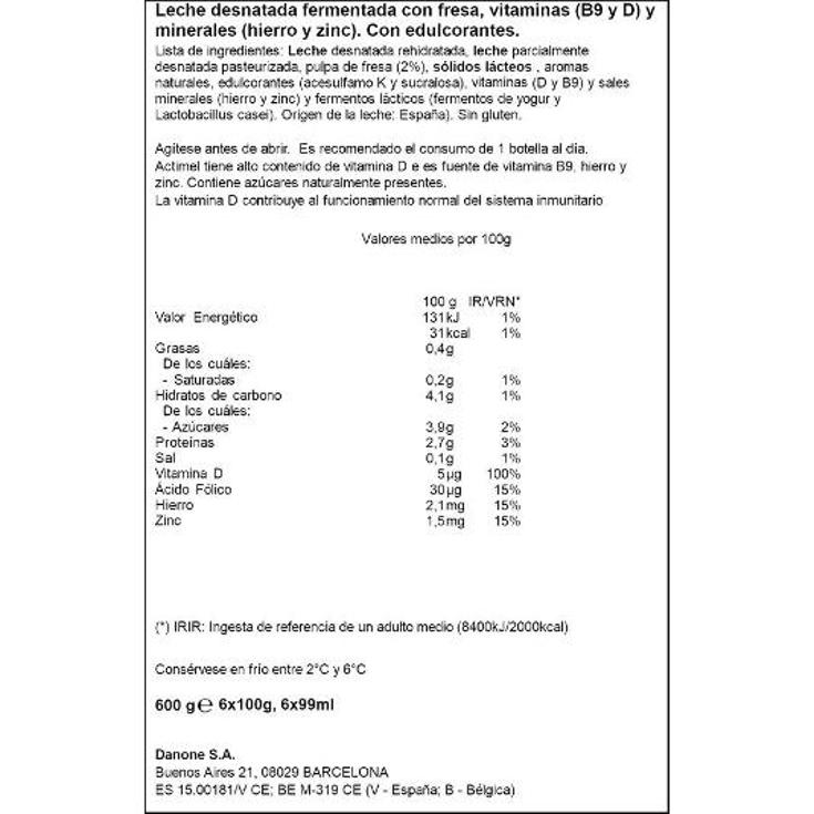 ACTIMEL LIQUIDO DESNATADO FRESA DANONE PACK 600 GR