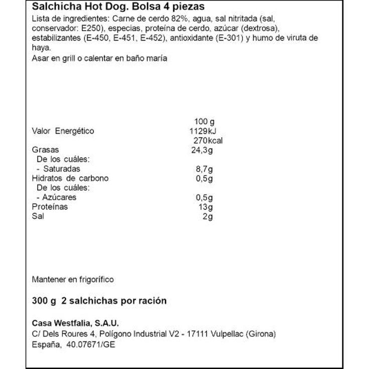 SALCHICHA HOT DOG X4 WESTFALIA PACK 300 GR