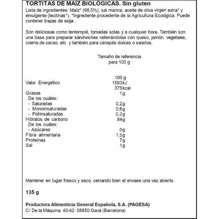 TORTITAS DE MAIZ S/GLUTEN PAGESA PQTE 135 GR