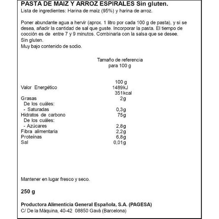 PASTAS DE MAIZ ESPIRAL S/GLUTEN PAGESA PQTE 250 GR