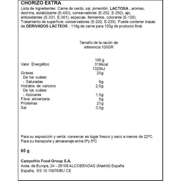 CHORIZO TRADICION LONCHAS REVILLA PQTE 65 GR