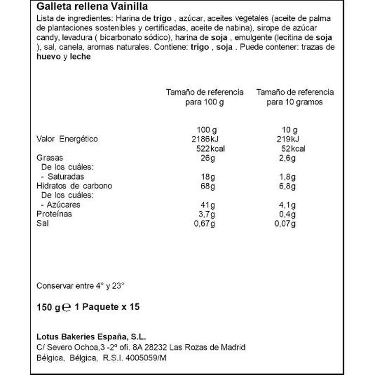 GALLETA CARAM. RELL VAINILLA LOTUS PAQUTE 150 GR