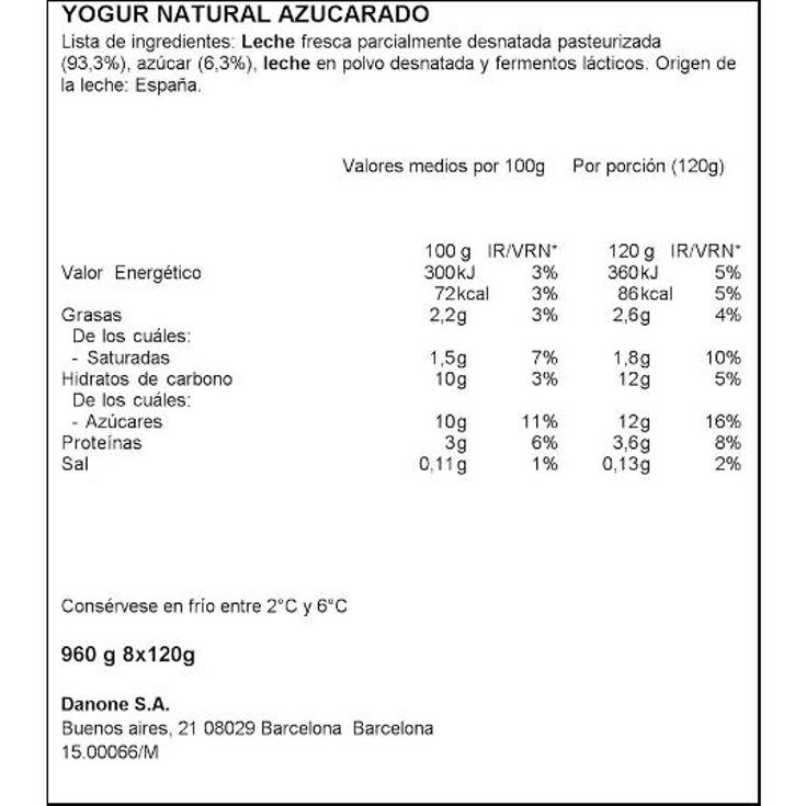 YOGUR NATURAL AZUCARADO 8 UD DANONE PACK 960 GR