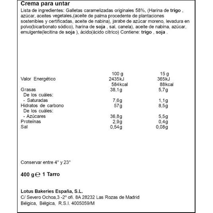 CREMA PARA UNTAR G.CARAMELIZADA LOTUS FRASCO 400 GR