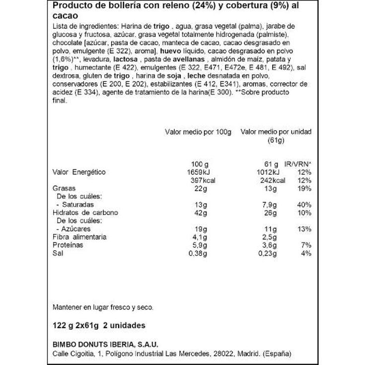 DONUTS RELLENO CACAO 2 UDS PQTE 122 GR
