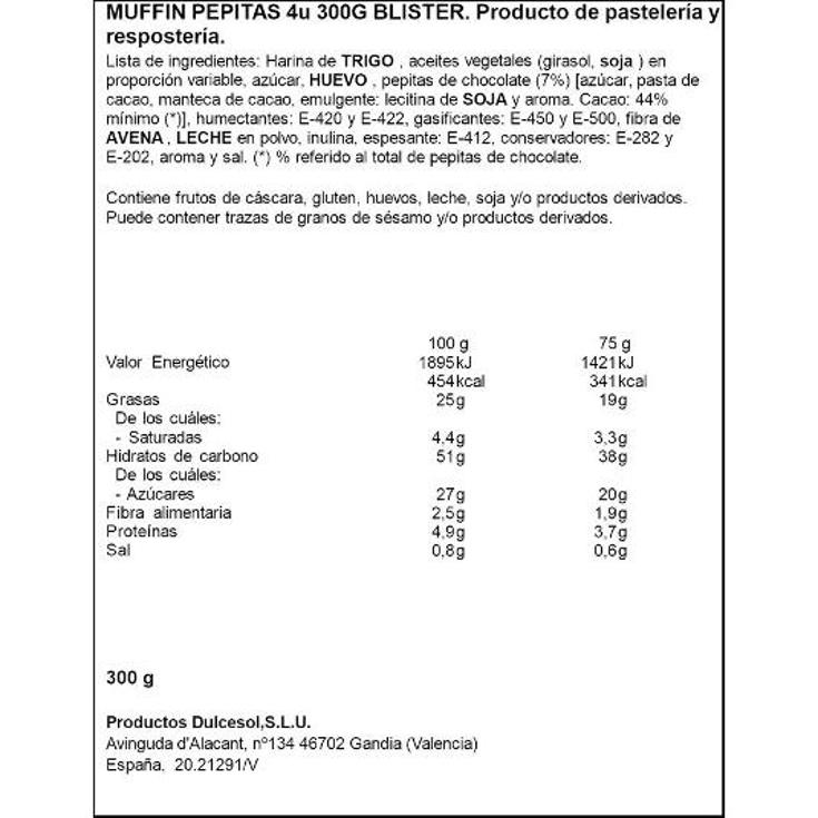 MUFFINS PEPITAS CHOCO DULCESOL PQTE 300 GR