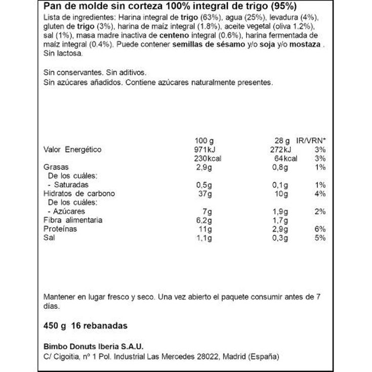 PAN INTEGRAL S/CORTEZA NATURAL BIMBO BOLSA 450 GR