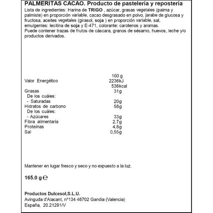 PALMERAS CHOCOLATE 10 UDS DULCESOL PQTE 165 GR