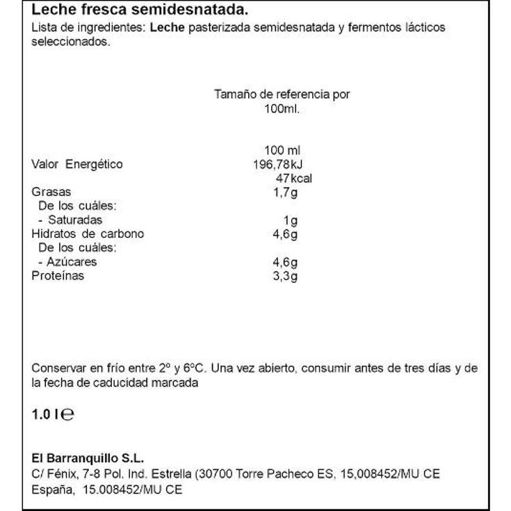 LECHE FRESCA SEMIDESNATADA BARRANQUILLO BTLLA 1 LT