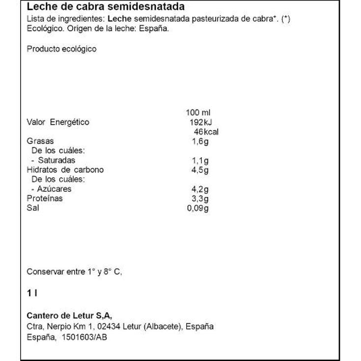 LECHE CABRA ECOLOGICA SEMIDESN CANTERO LETU BTLLA 1 LT