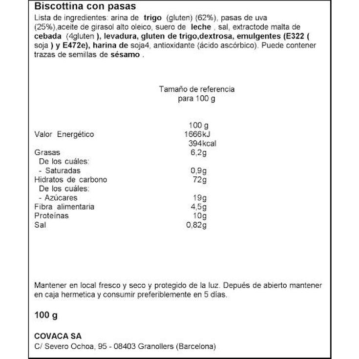 BISCOTTINA CON PASAS RUSTICA BOLSA 100 GR