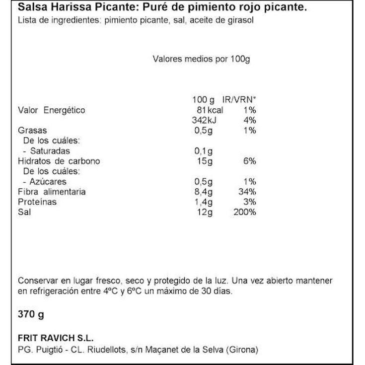 HARISSA SALSA PICANTE LAIS TARRO 375 GR
