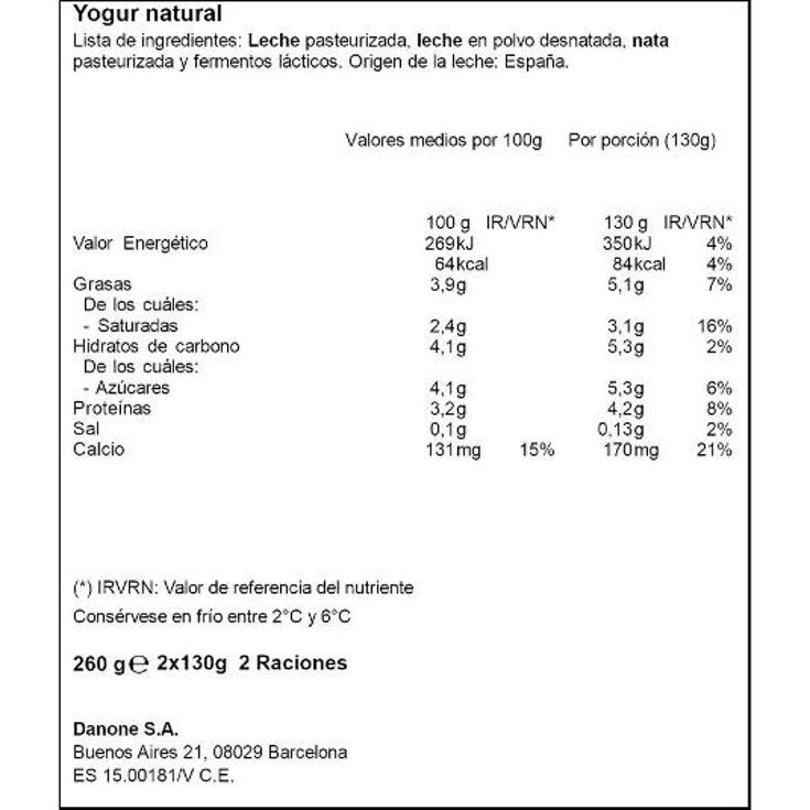 YOGUR NATURAL ORIGINAL DANONE PACK2 260 GR