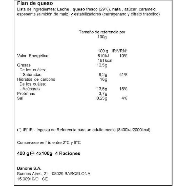 FLAN DE QUESO DEPOSTRE 4 UDS DANONE PACK 400 GR