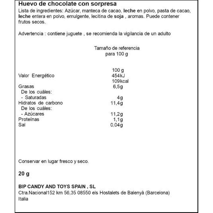 HUEVO CHOCOLATE SORPRESA ZAINI UNIDAD 20 GR