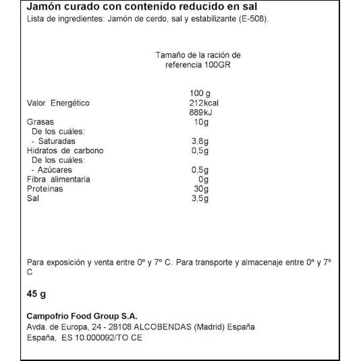 JAMON CURADO REDUCIDO SAL NAVIDUL PQTE 45 GR