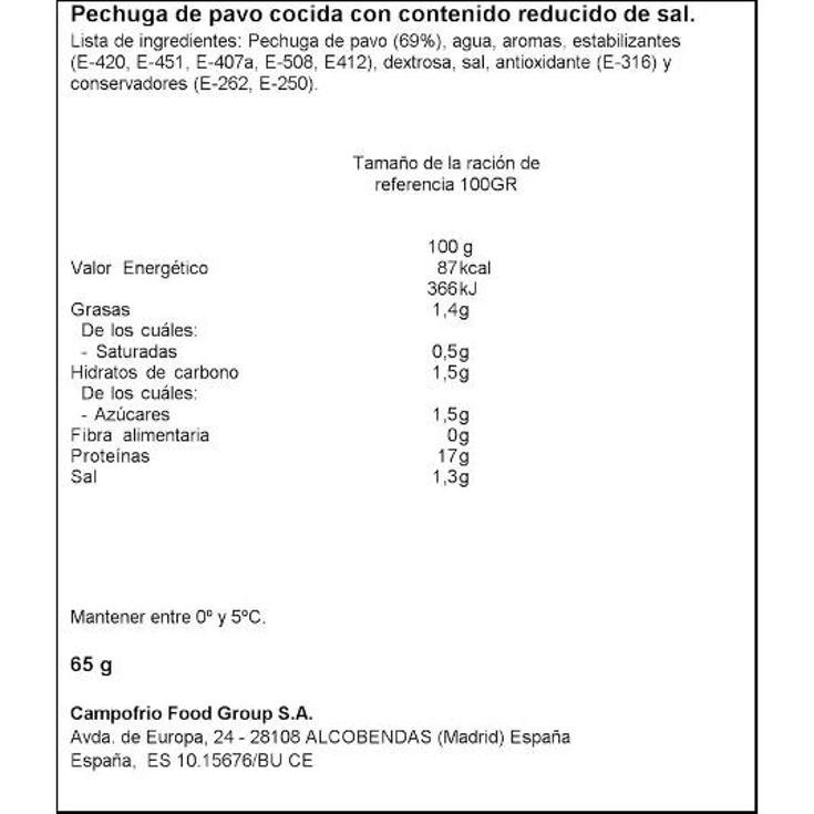 PAVO COCIDO CUIDA-T+ CAMPOFRIO PACK 65 GR