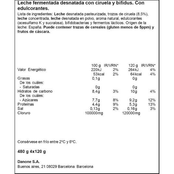 ACTIVIA 0% C/CIRUELA 4X DANONE PACK 480 GR