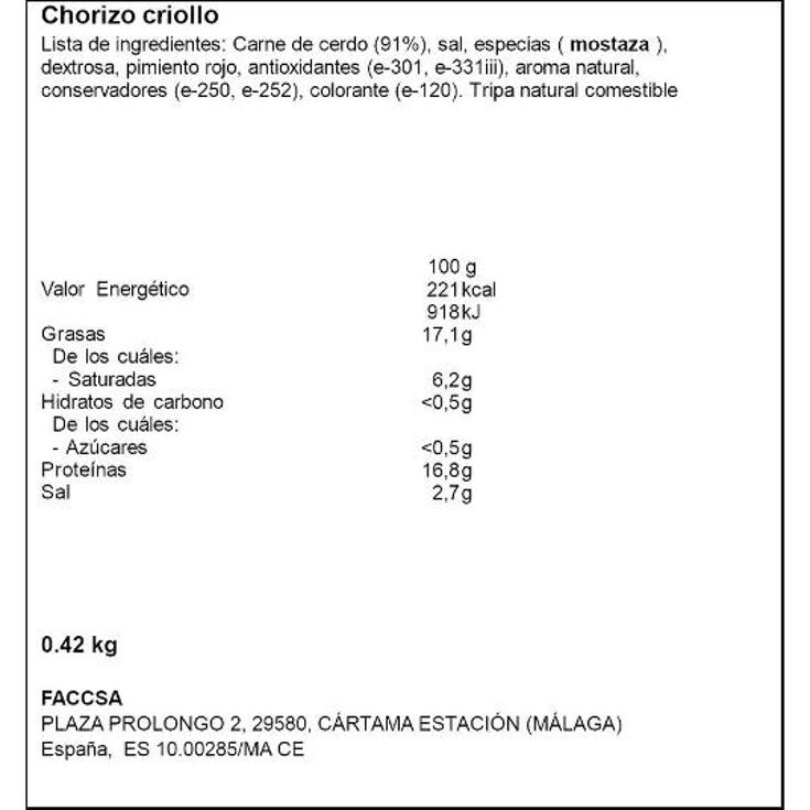 CHORIZO CRIOLLO FACCSA BDJA 420 GR