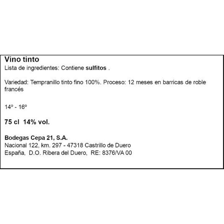 VINO TINTO RIBERA 12 MESES 14º CEPA 21 BTLLA 75 CL