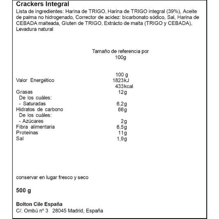 CRACKERS 100% INTEGRAL PRIMA PQTE 500 GR