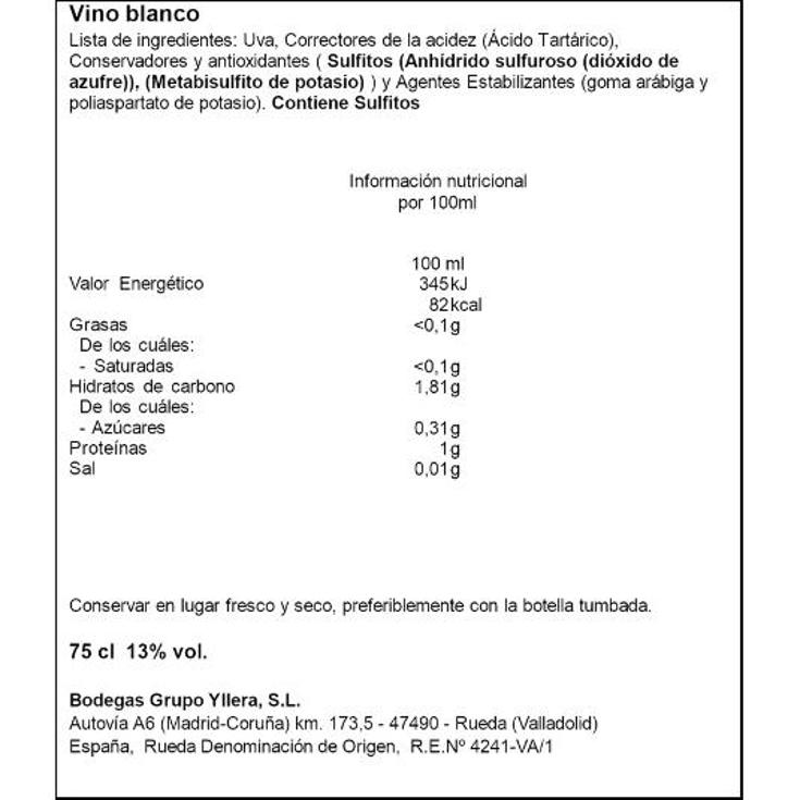VINO BLANCO RUEDA VERDEJO 13º YLLERA BTLLA 75 CL