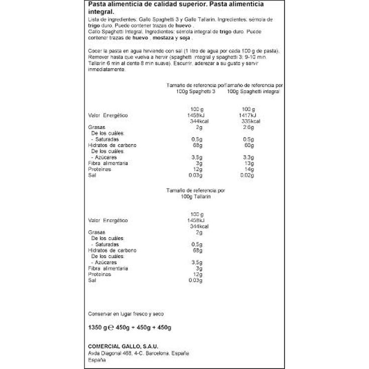 LOTE ESPAGUETI+TALLARIN+ESP.INT GALLO PACK 1350 GR