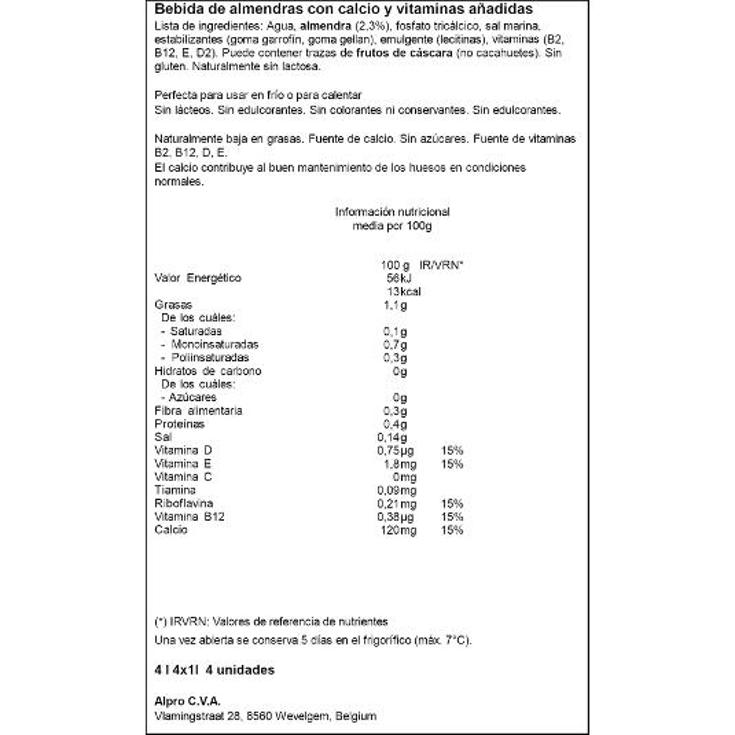 BEBIDA ALMENDRA S/AZ. PACK 3+1 ALPRO PACK 4 LT
