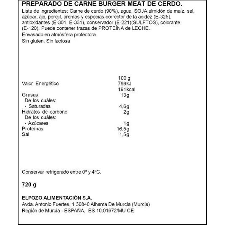 BURGER CERDO X8 ELPOZO BDJA 720 GR