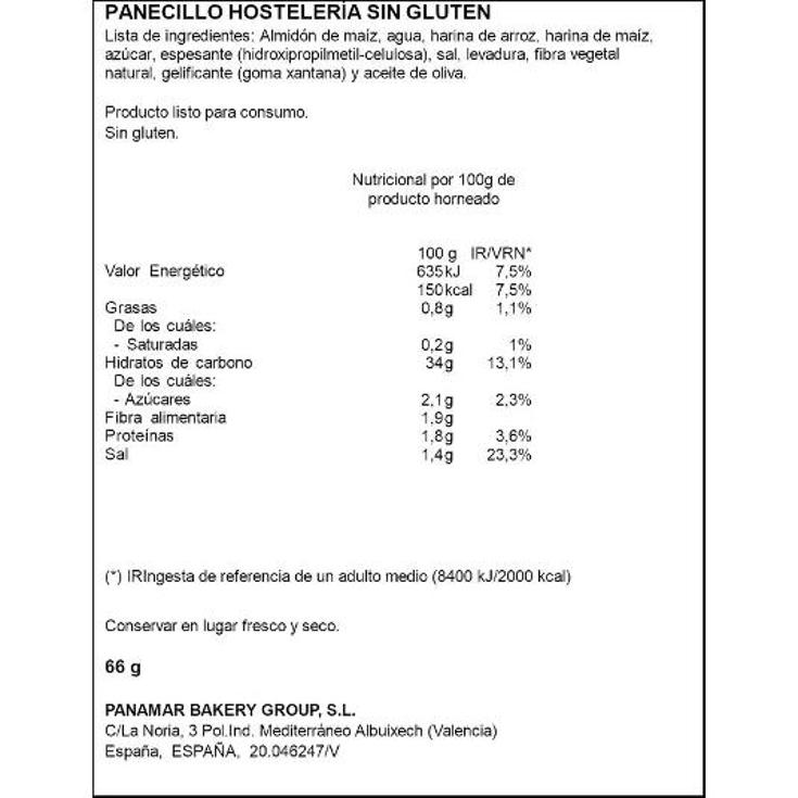 PANECILLO HOSTELERIA S/GLUTEN UNIDAD 66 GR