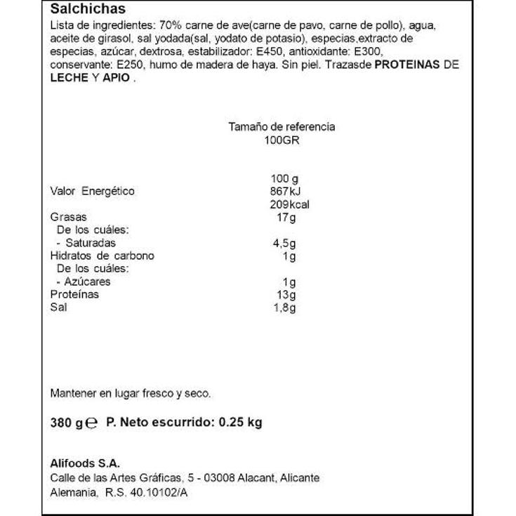 SALCHICHAS AVE BOKLUNDER FRASCO 250 GR