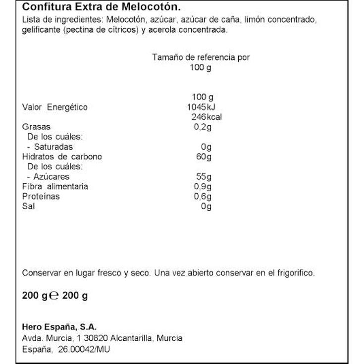 CONFITURA MELOCOTON EXTRA HERO FRASCO 225 GR