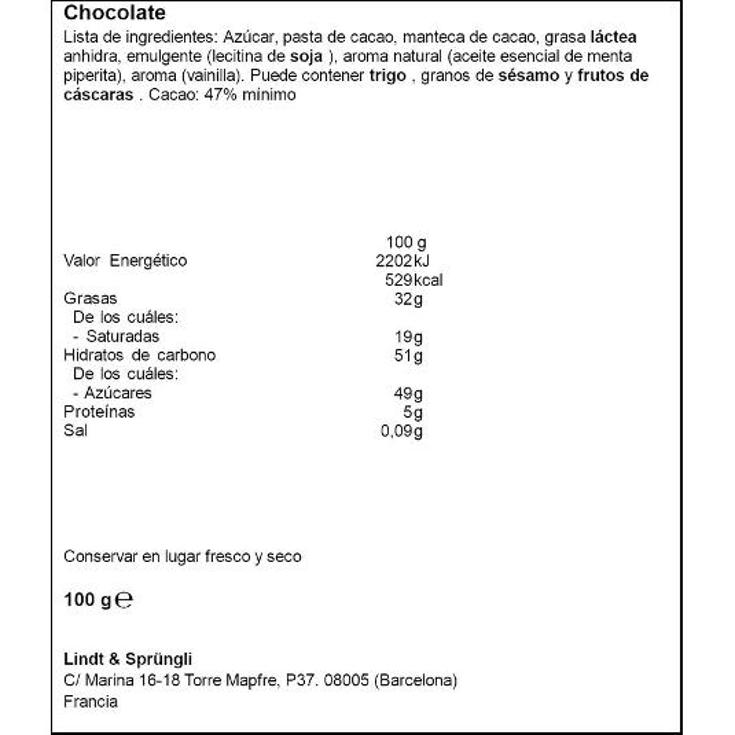 CHOCOLATE MENTA EXCELLENCE LINDT PTLLA 100 GR