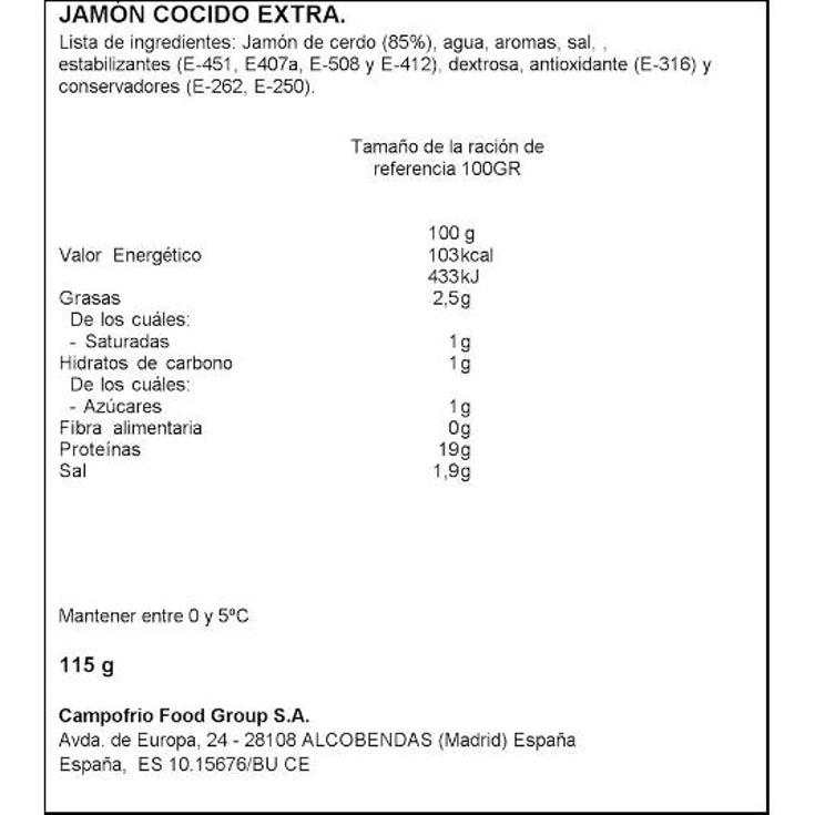 JAMON COCIDO LONCHAS FINISIMAS CAMPOFRIO UNID 115 GR