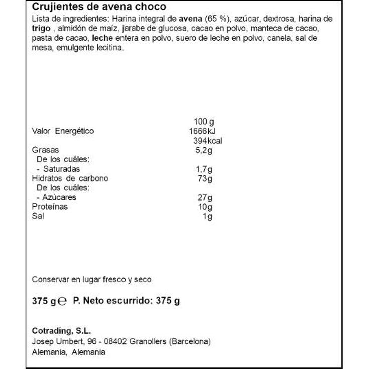 CRUJIENTES DE AVENA CHOCO KOLLN BOLSA 375 GR