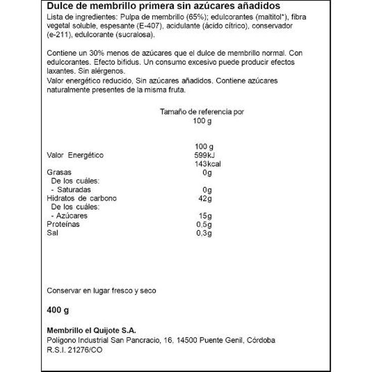 DULCE MEMBRILLO PRIMERA S/AZUCA EL QUIJOTE TRRNA 400 GR