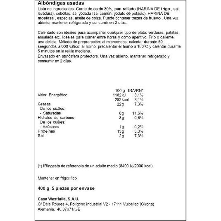 ALBONDIGAS ASADAS WESTFALIA BDJA 400 GR