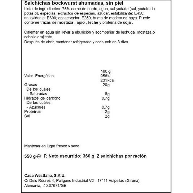 SALCHICHAS BOCKWURST WESTFALIA FRAS 360 GR