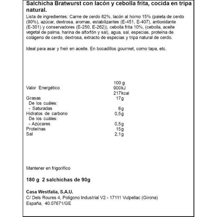 SALCHICHA BRASWURT LACON CEBOLL WESTFALIA BOLSA 180 GR